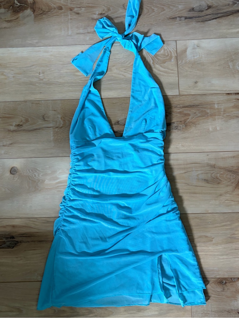 Turquoise Halter Ruched Mini Dress